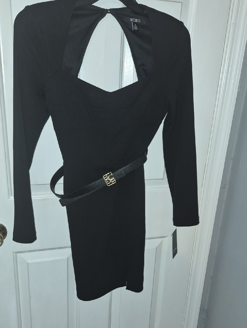 BCBG Black Long-Sleeve Cutout Sheath Dress with Belt